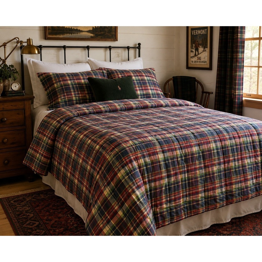 Vintage RALPH LAUREN Garrison Madras Plaid Reversible Comforter Made in USA Twin